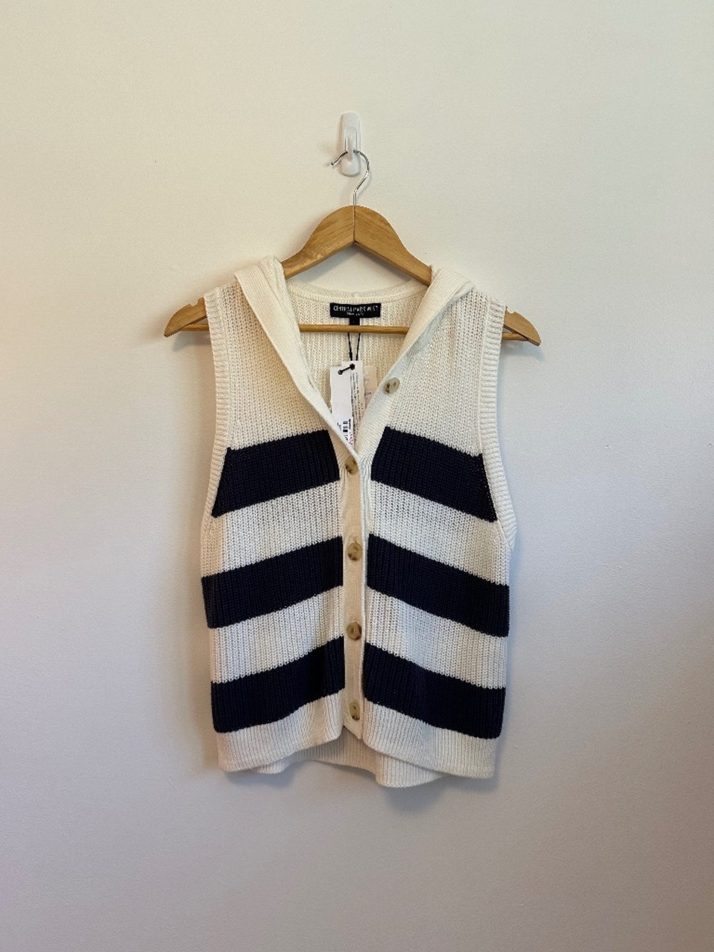 Central Park West NWT Sleeveless Hooded Stripe Button Front Sweater | Size Large - Picture 1 of 7